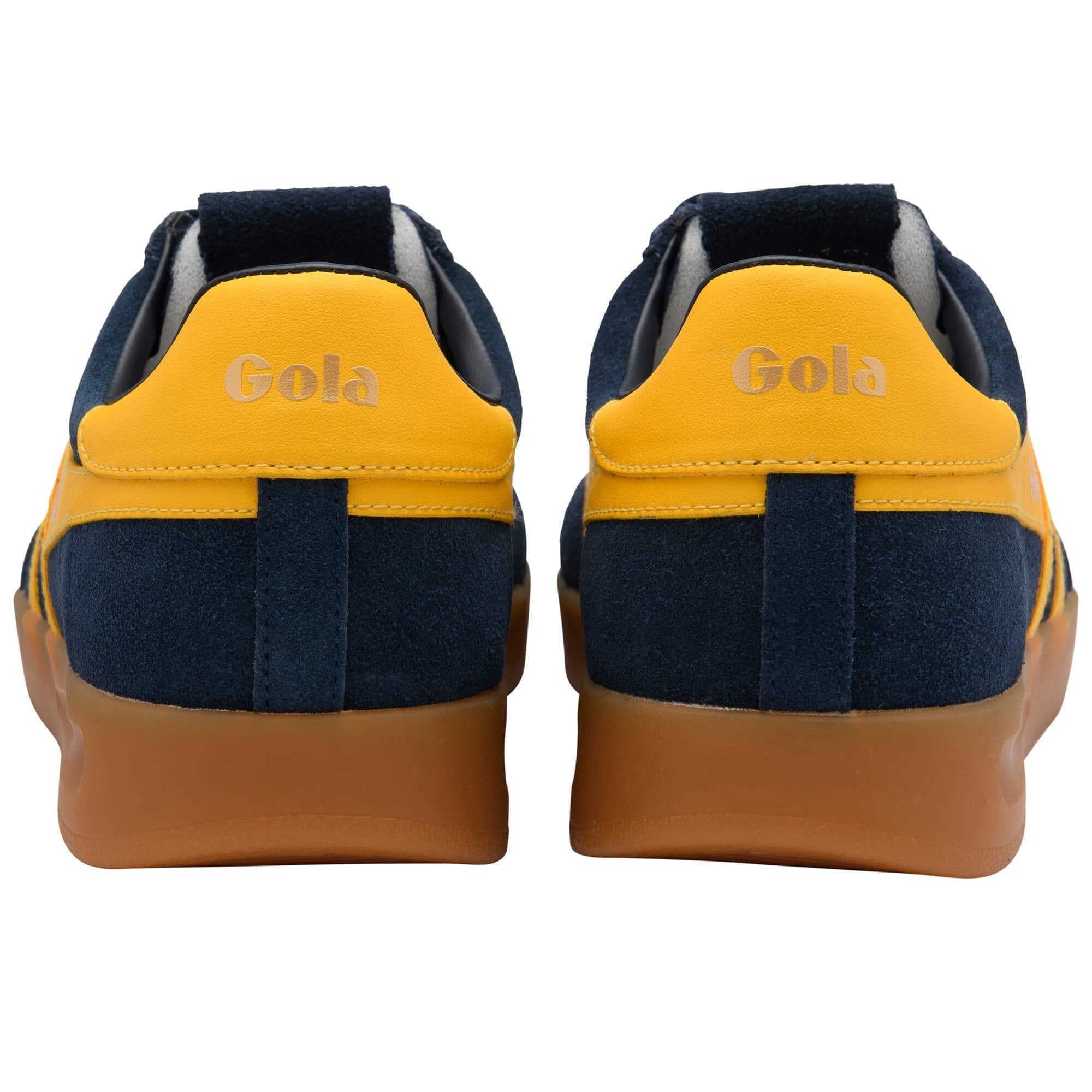 Back view of navy and yellow Gola trainers on a white background