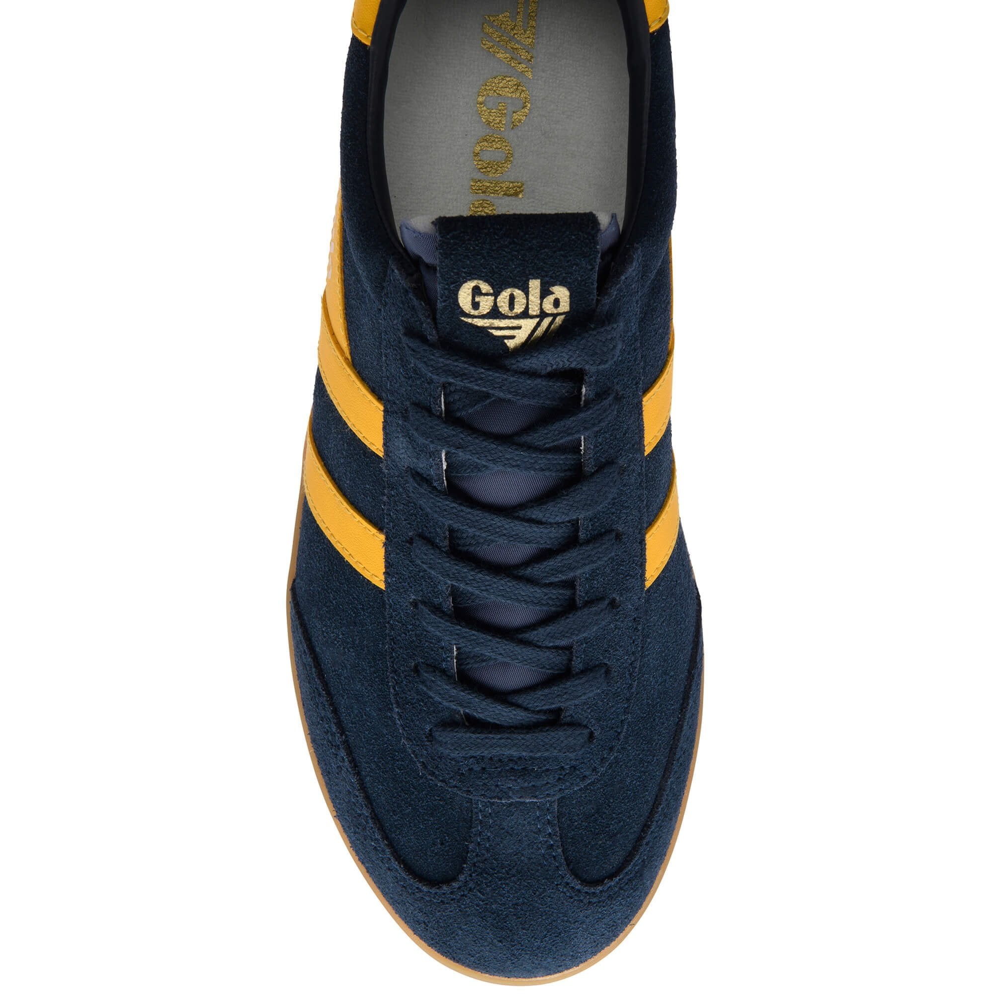 Navy blue trainer with yellow stripes and Gola logo on a white background