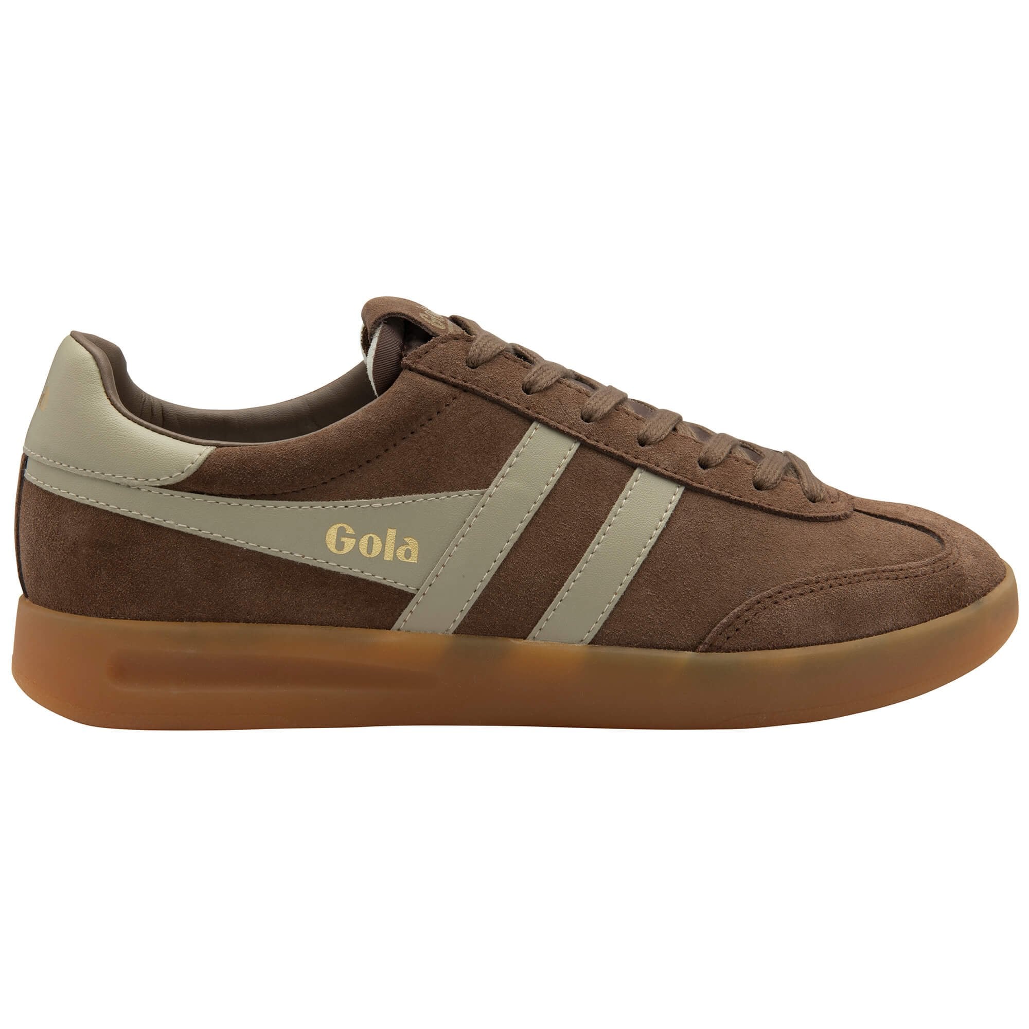 Brown trainer with a visible 'Gola' brand logo on a white background