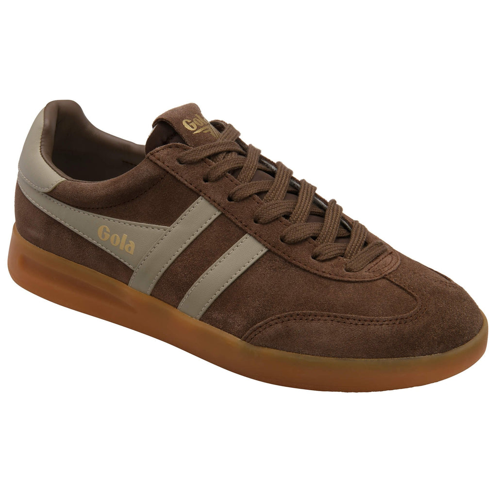Brown suede trainer with a grey stripe and 'Gola' branding on a white background