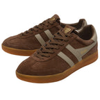 Brown suede trainers with grey accents on a white background