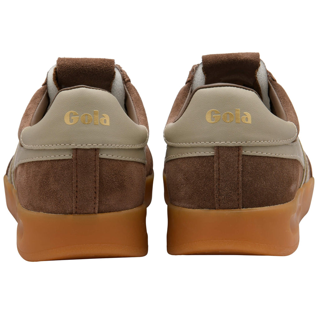 Brown and beige Gola trainers on a white background