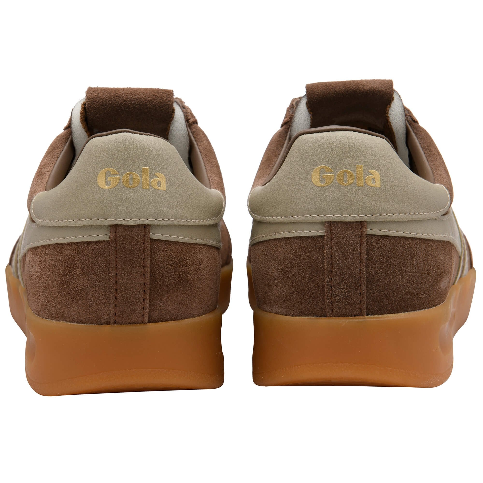 Brown and beige Gola trainers on a white background