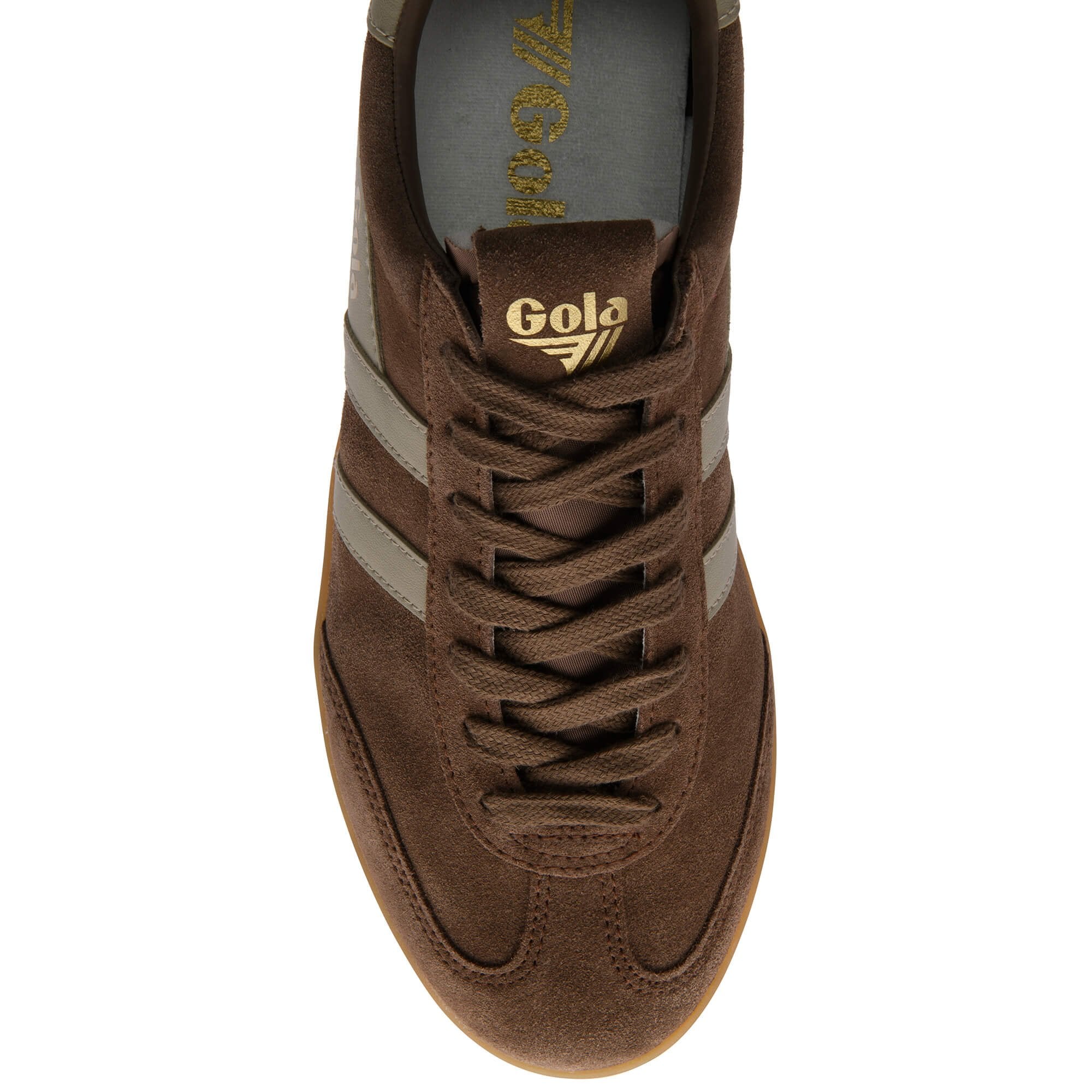 Brown trainer with white stripes and 'Gola' branding on a white background