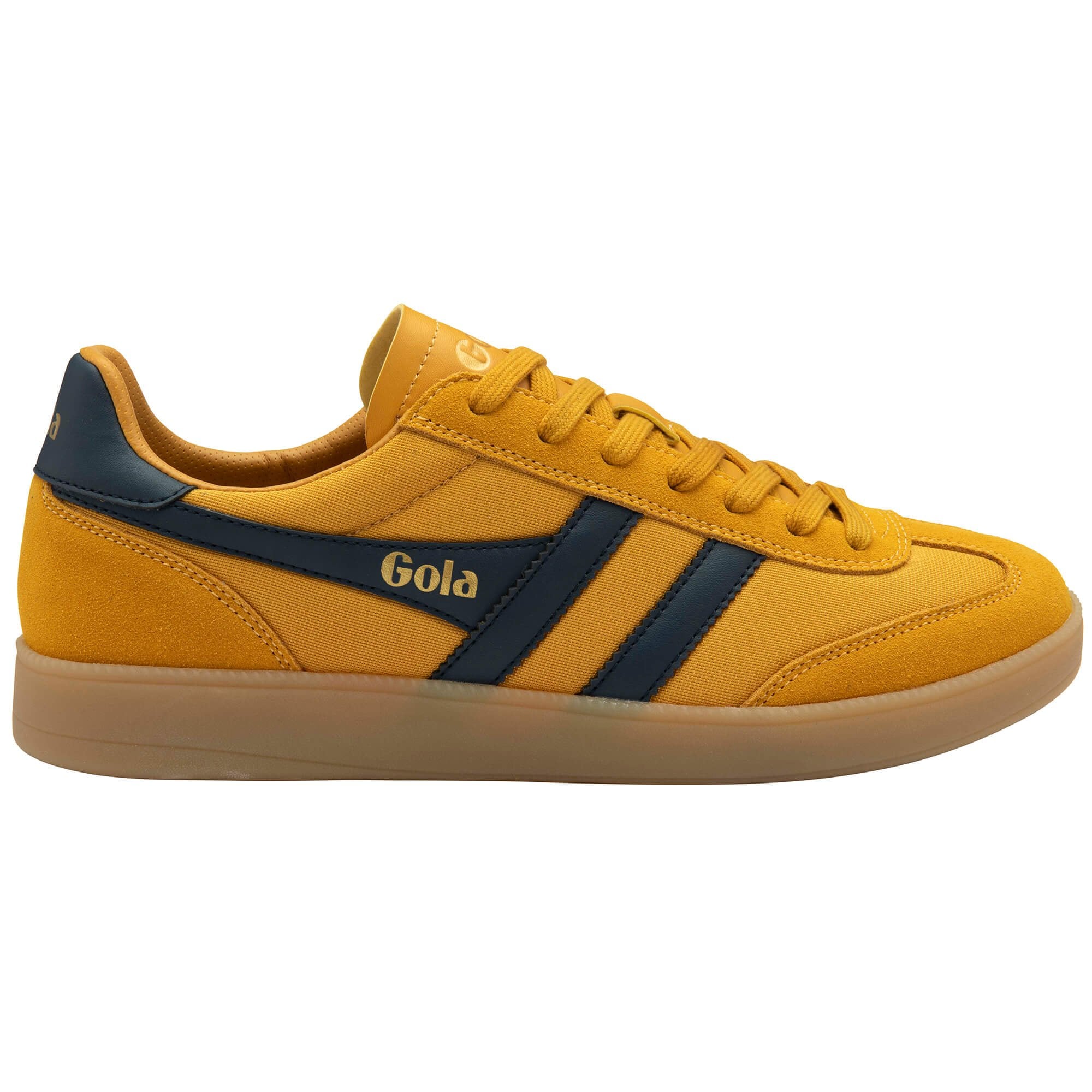 Yellow trainer with navy accents on a white background