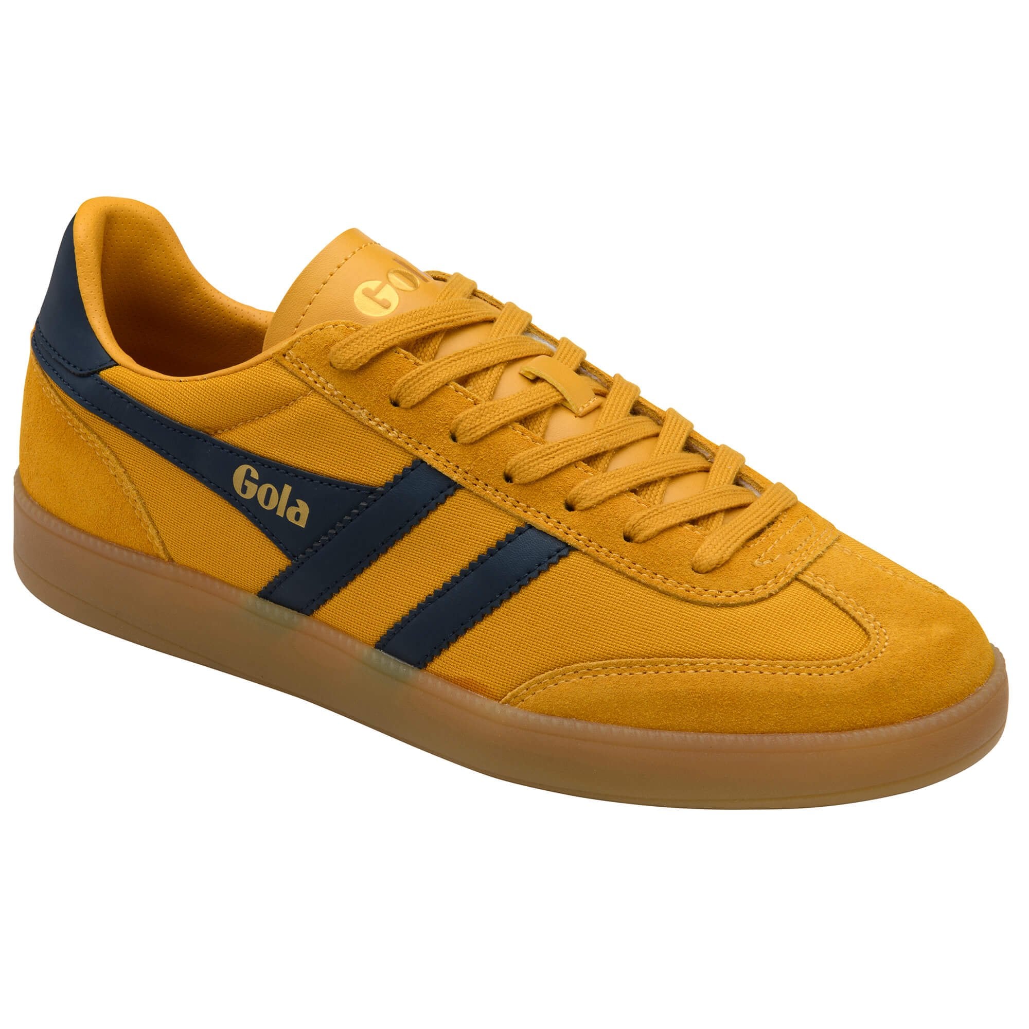 Yellow Gola trainer with brown sole on a white background