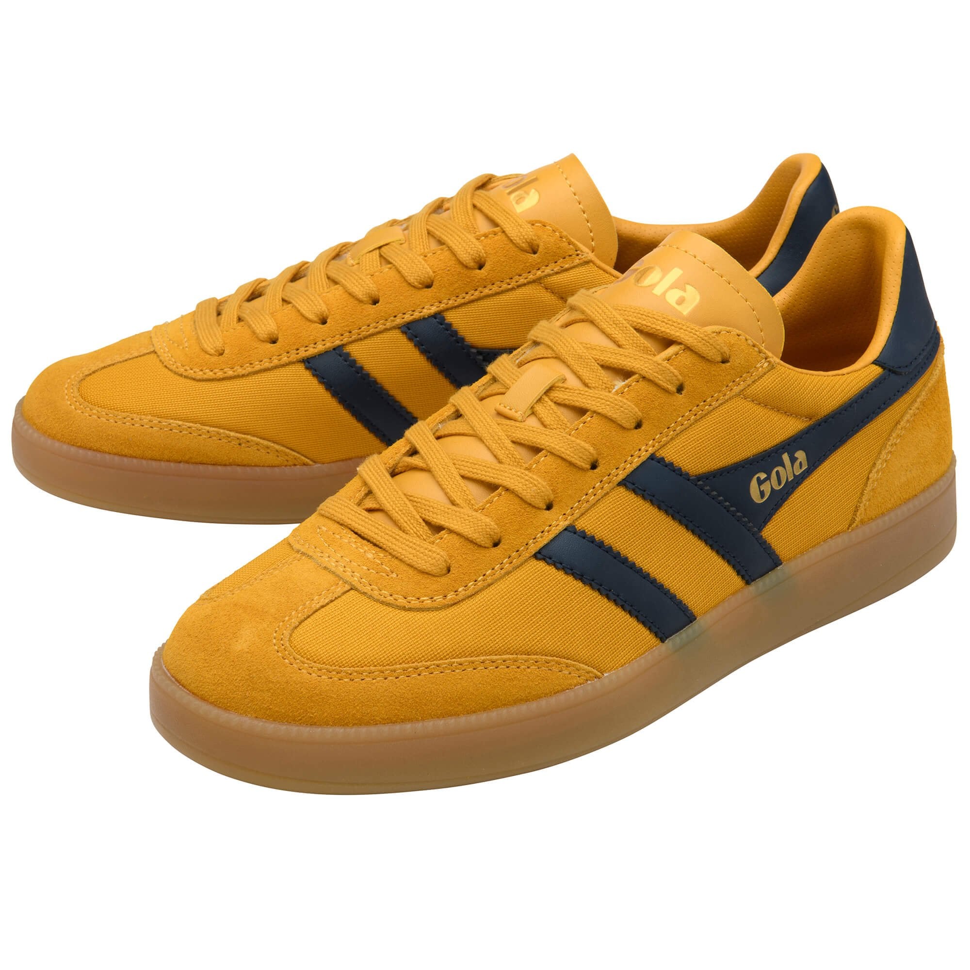 Pair of Gola sneakers in mustard yellow with navy blue stripes and gum soles