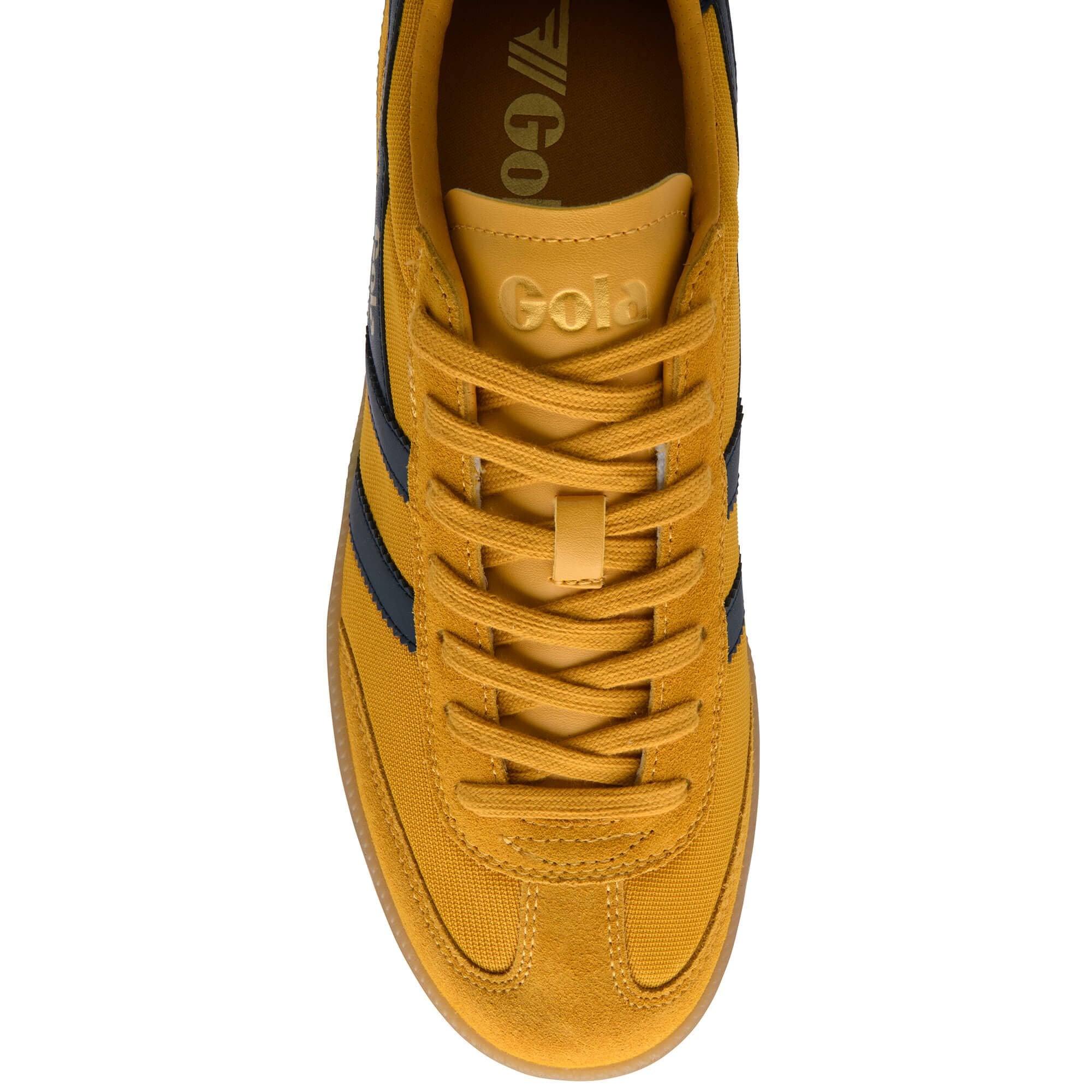 Yellow trainer with black accents on a white background
