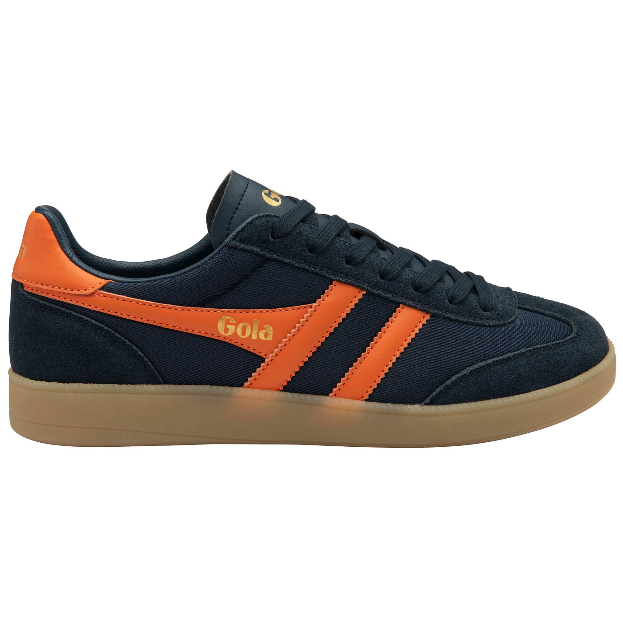 Navy and orange trainer with 'Gola' branding on a white background