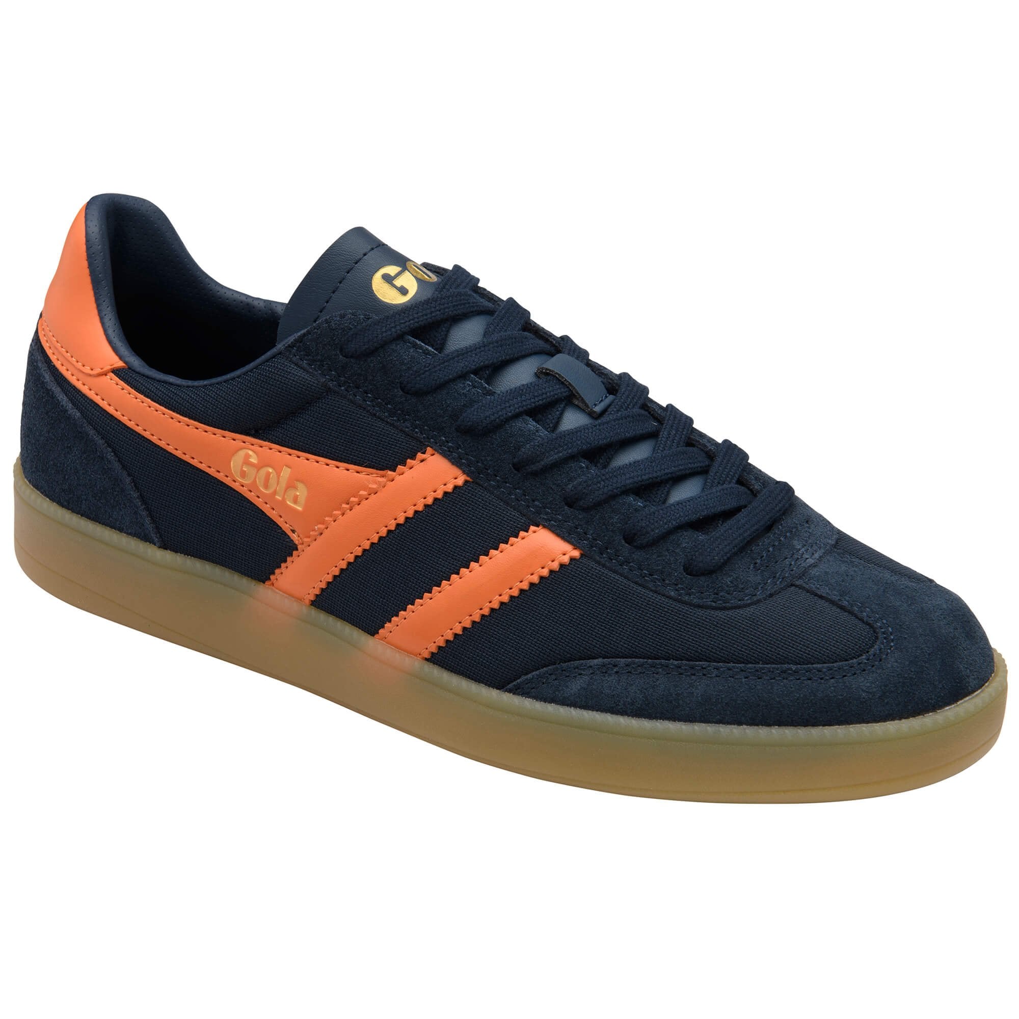 Navy and orange trainer with visible brand logo on a white background