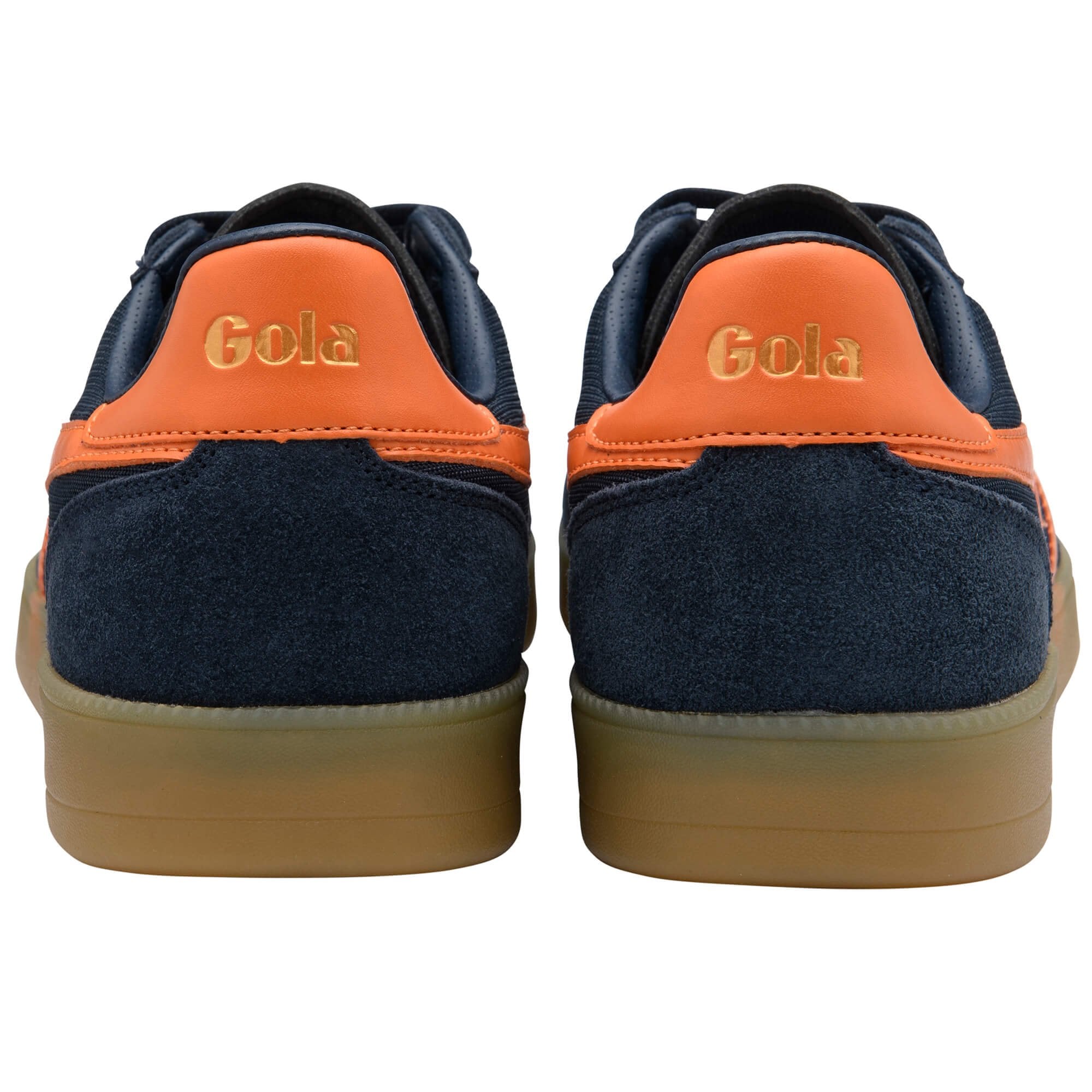 Navy and orange Gola trainers on a white background