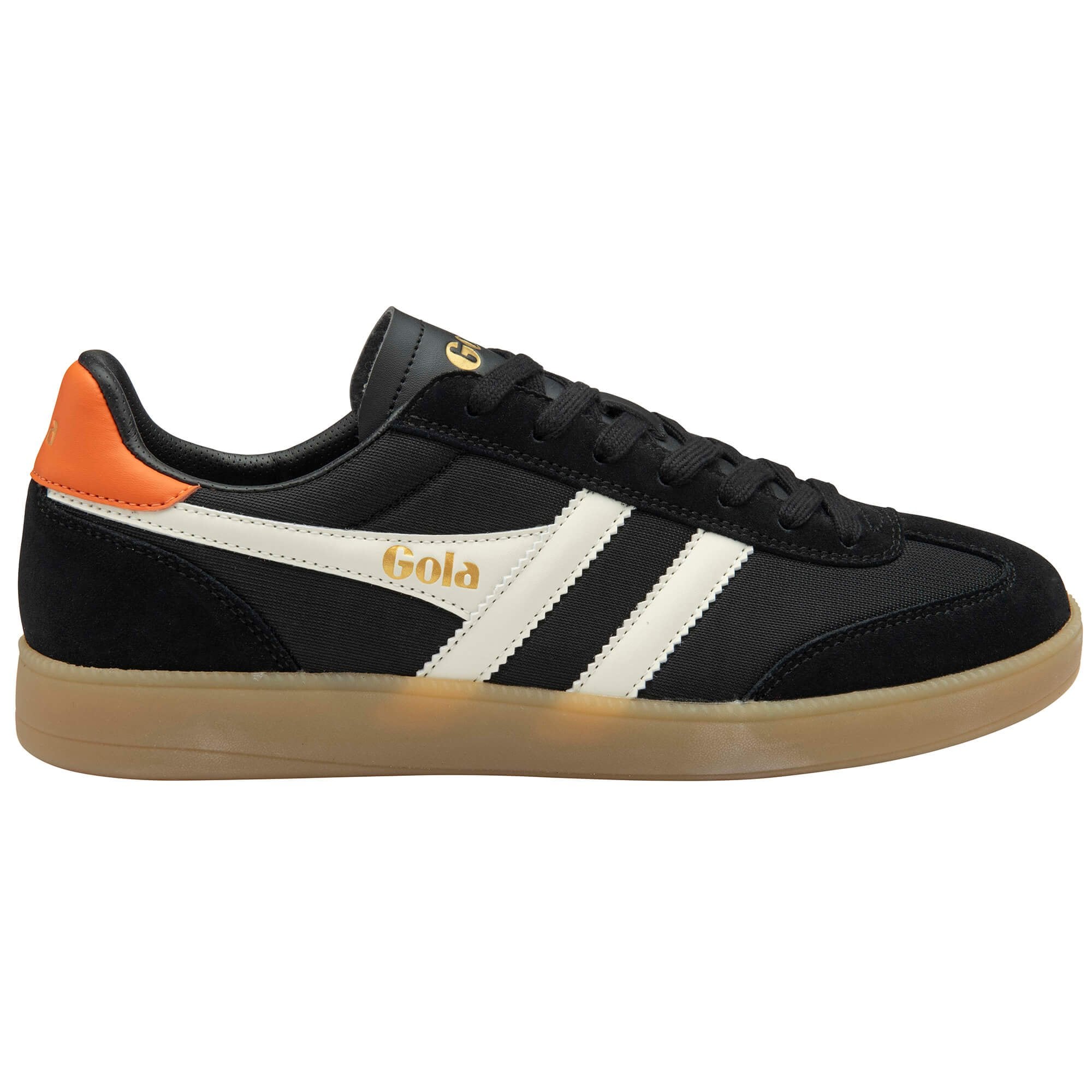 Black trainer with white stripes and orange heel on a white background