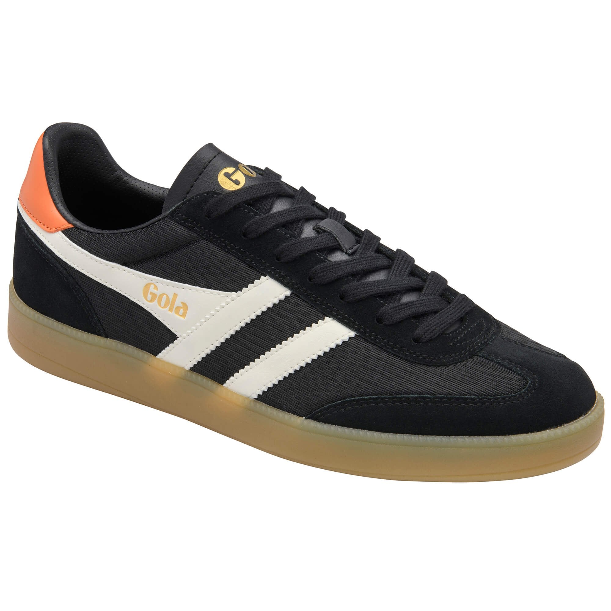 Black Gola sneaker with white stripes, orange heel tab, and gum sole