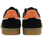 Black trainers with orange accents and 'Gola' branding on a white background