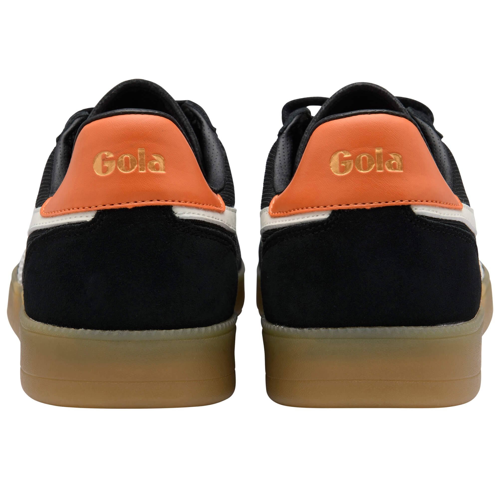 Black trainers with orange accents and 'Gola' branding on a white background