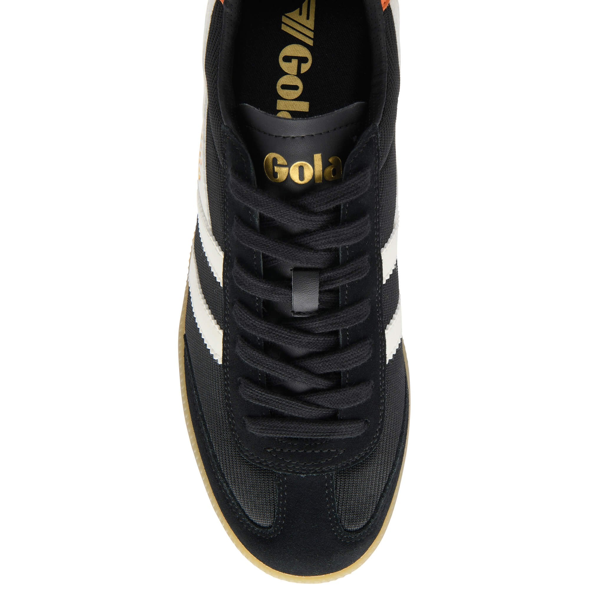 Black trainer with white laces and sole on a white background