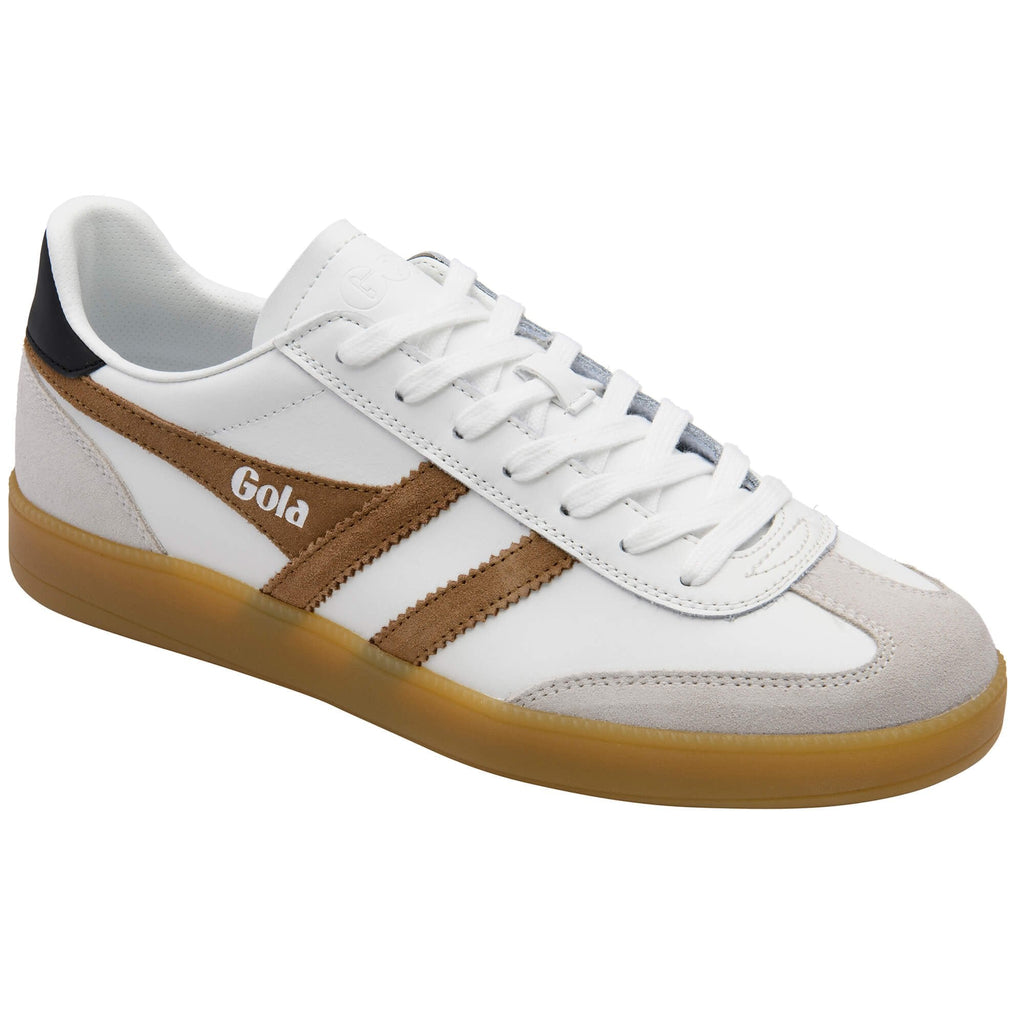 White Gola trainer with brown stripes and a gum sole