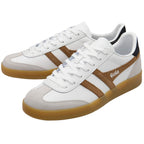 White trainers with brown accents on a white background