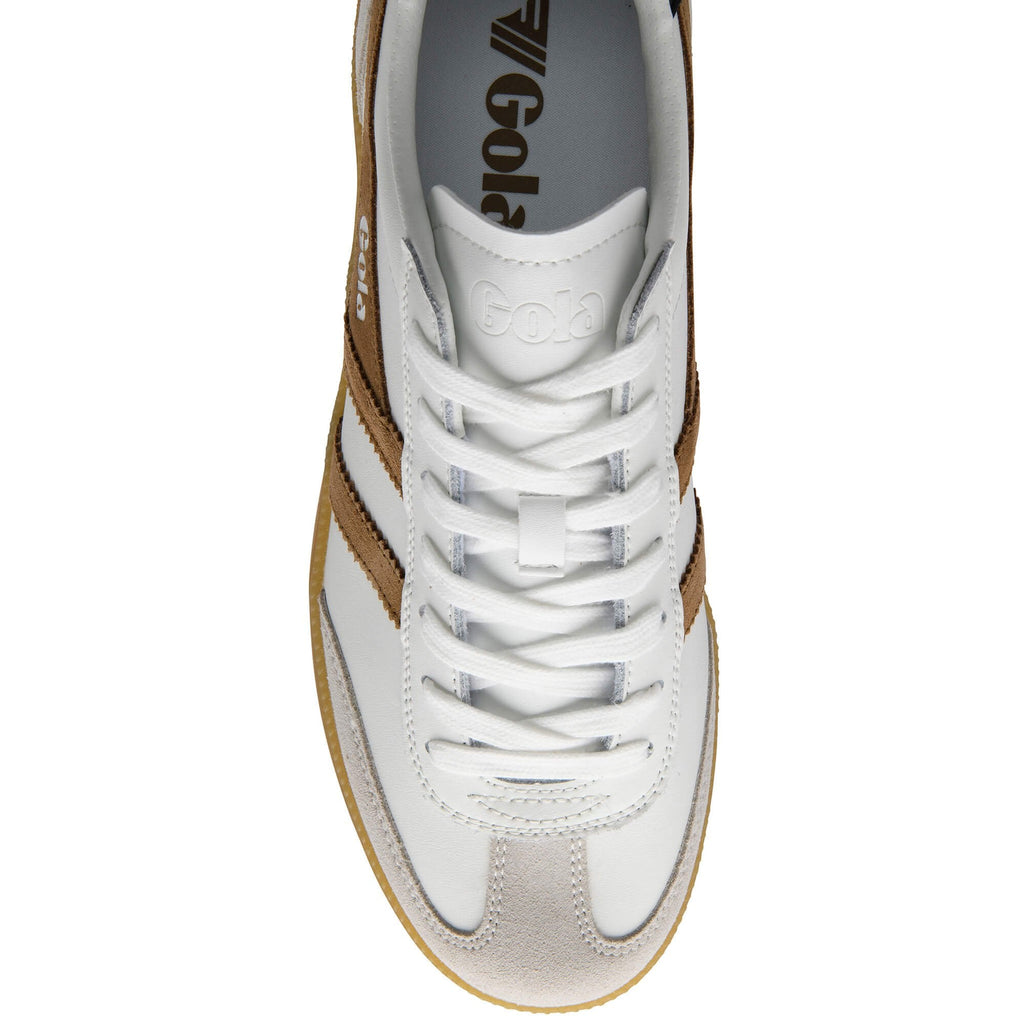 Top-down view of a white Gola sneaker with brown stripes and a light brown sole