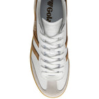 Top-down view of a white Gola sneaker with brown stripes and a light brown sole