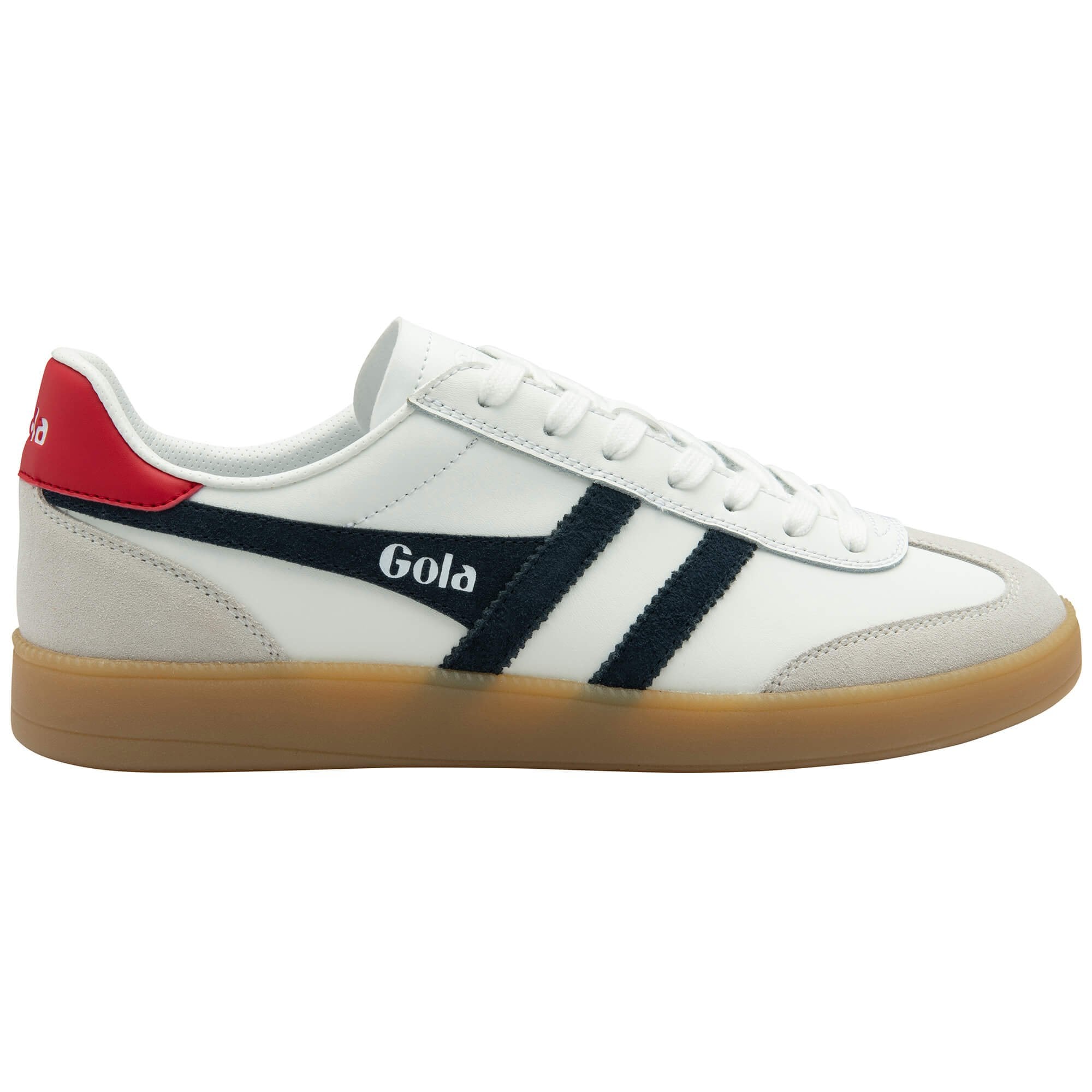 Gola white leather trainer with navy stripes and red heel tab
