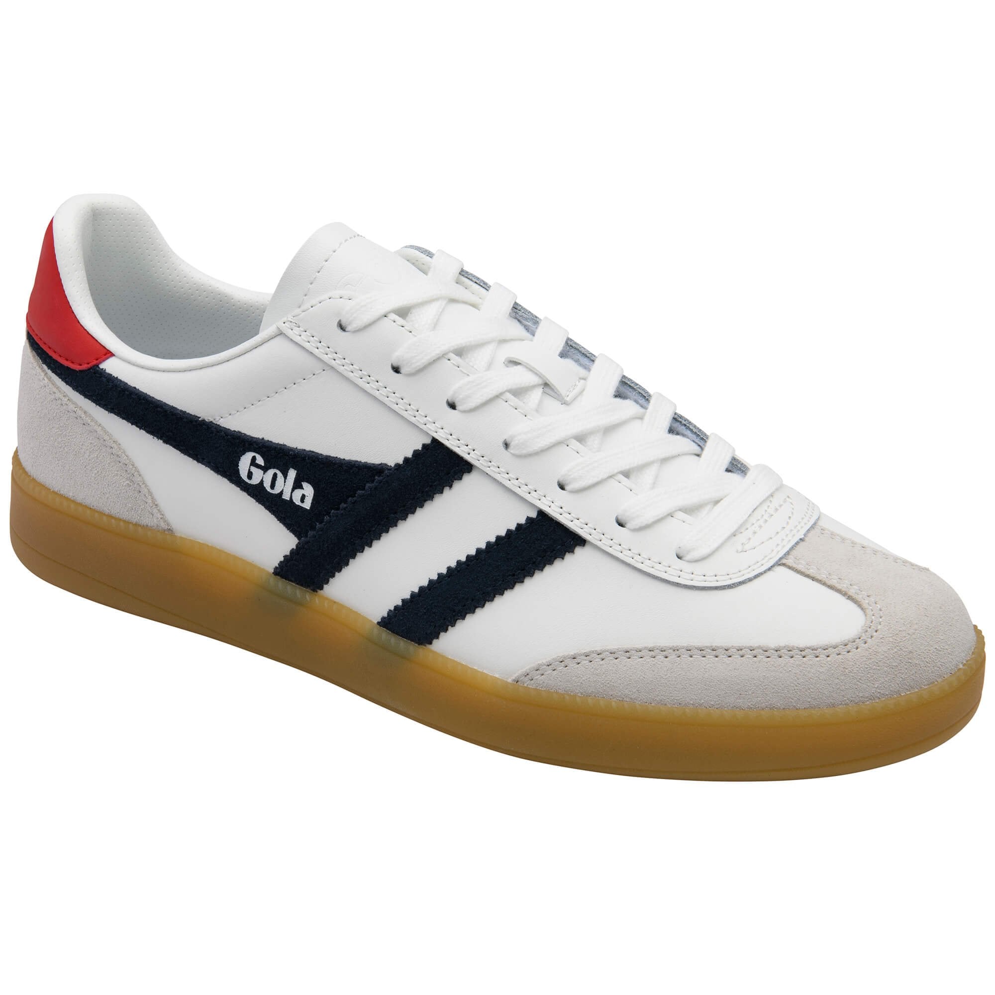 White trainer with red and navy accents on a white background
