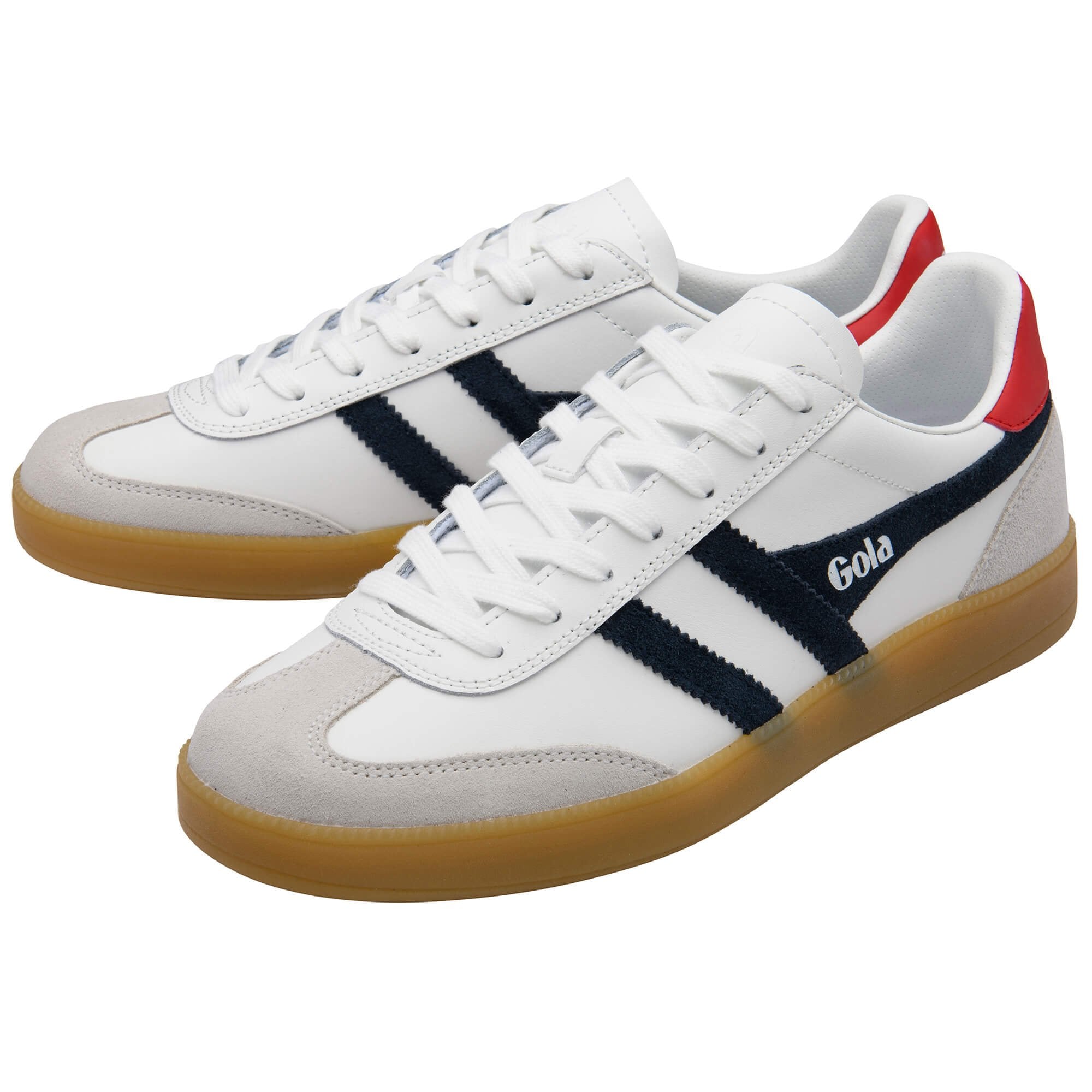 White trainers with navy stripes and red accents on a white background