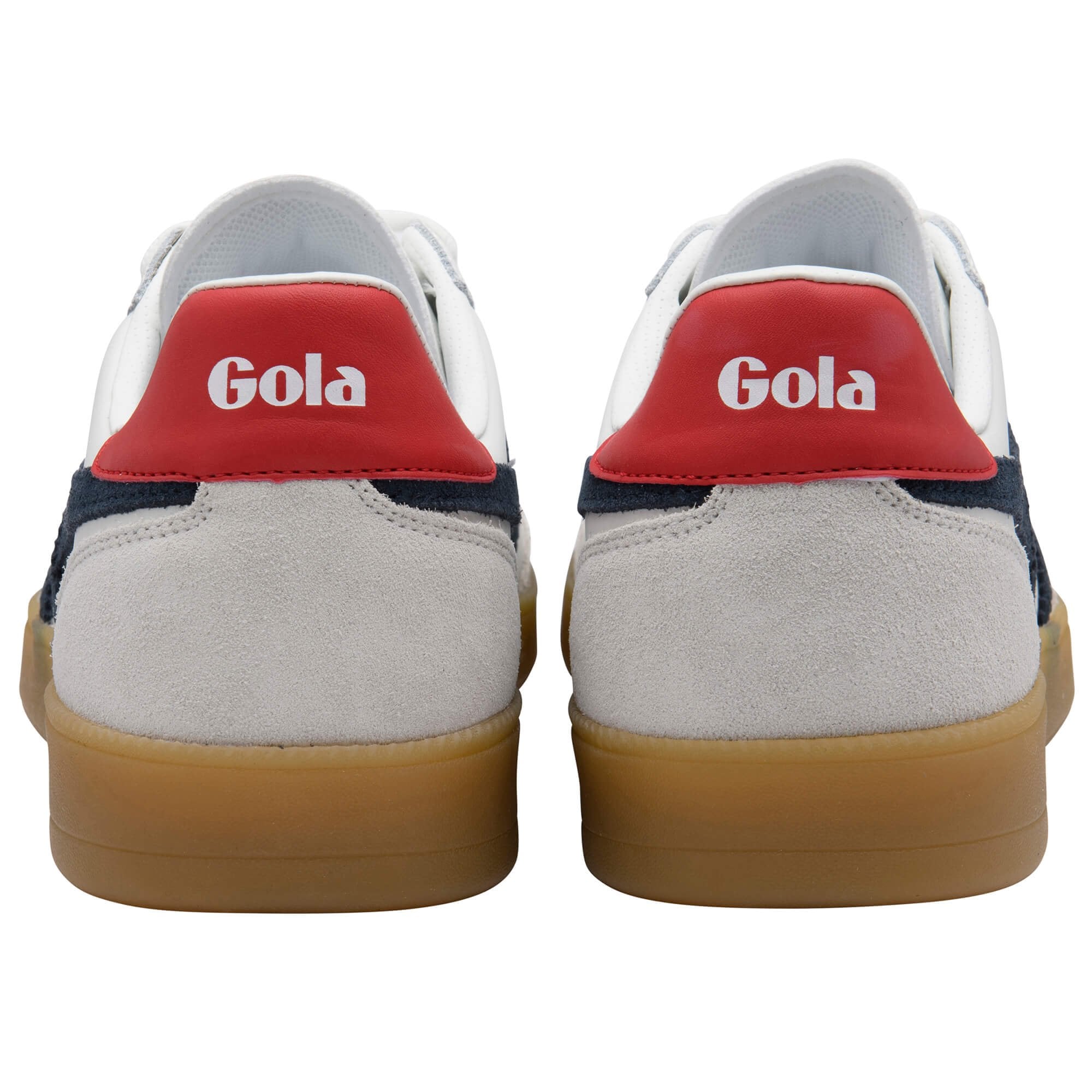 Pair of Gola sneakers, white with red heel tabs and gum soles, rear view