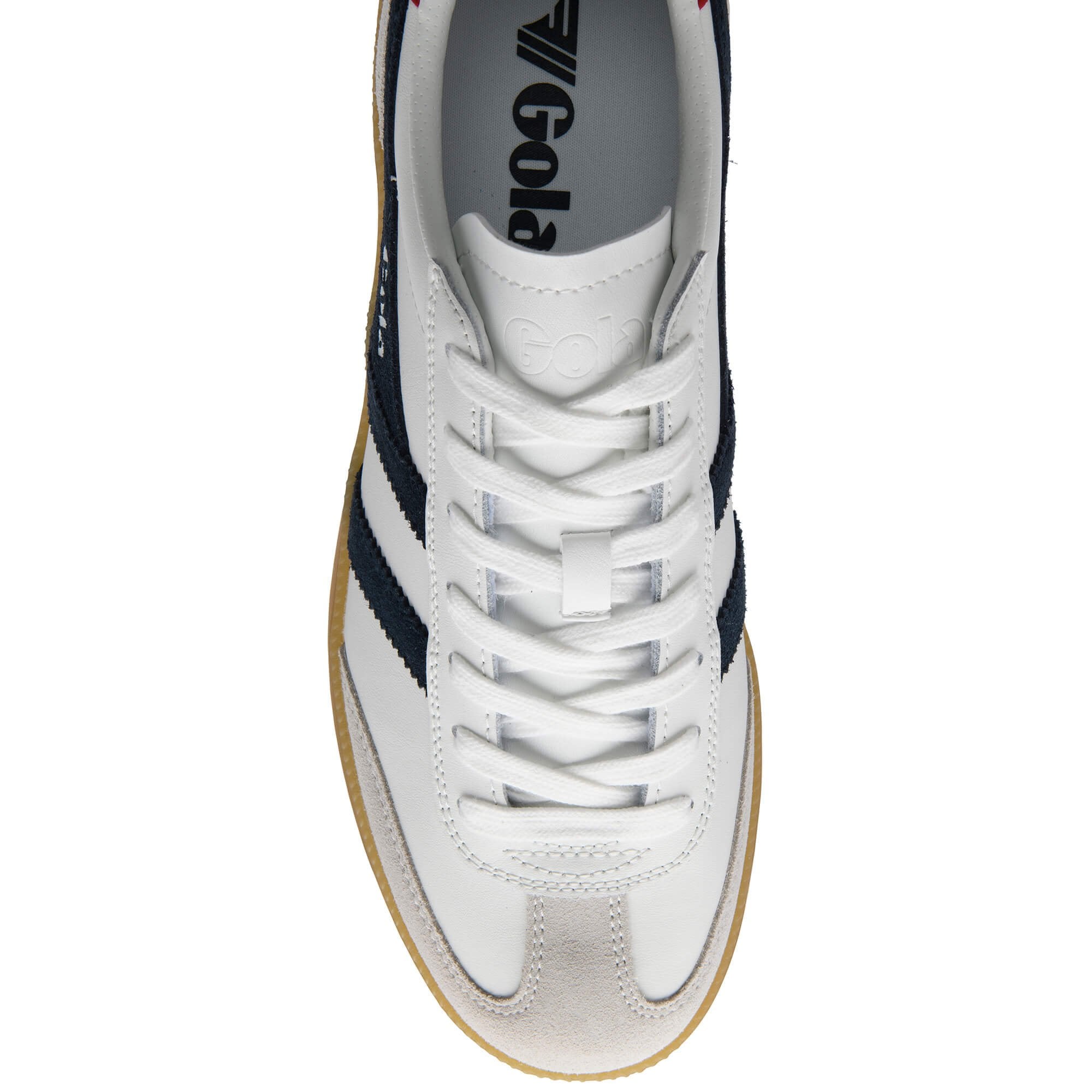 White trainer with black stripes and 'Gola' branding on a white background