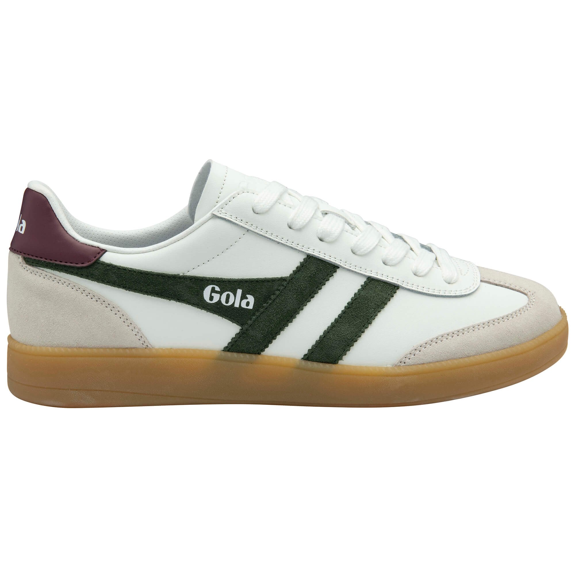 White trainer with green stripes and brown sole on a white background
