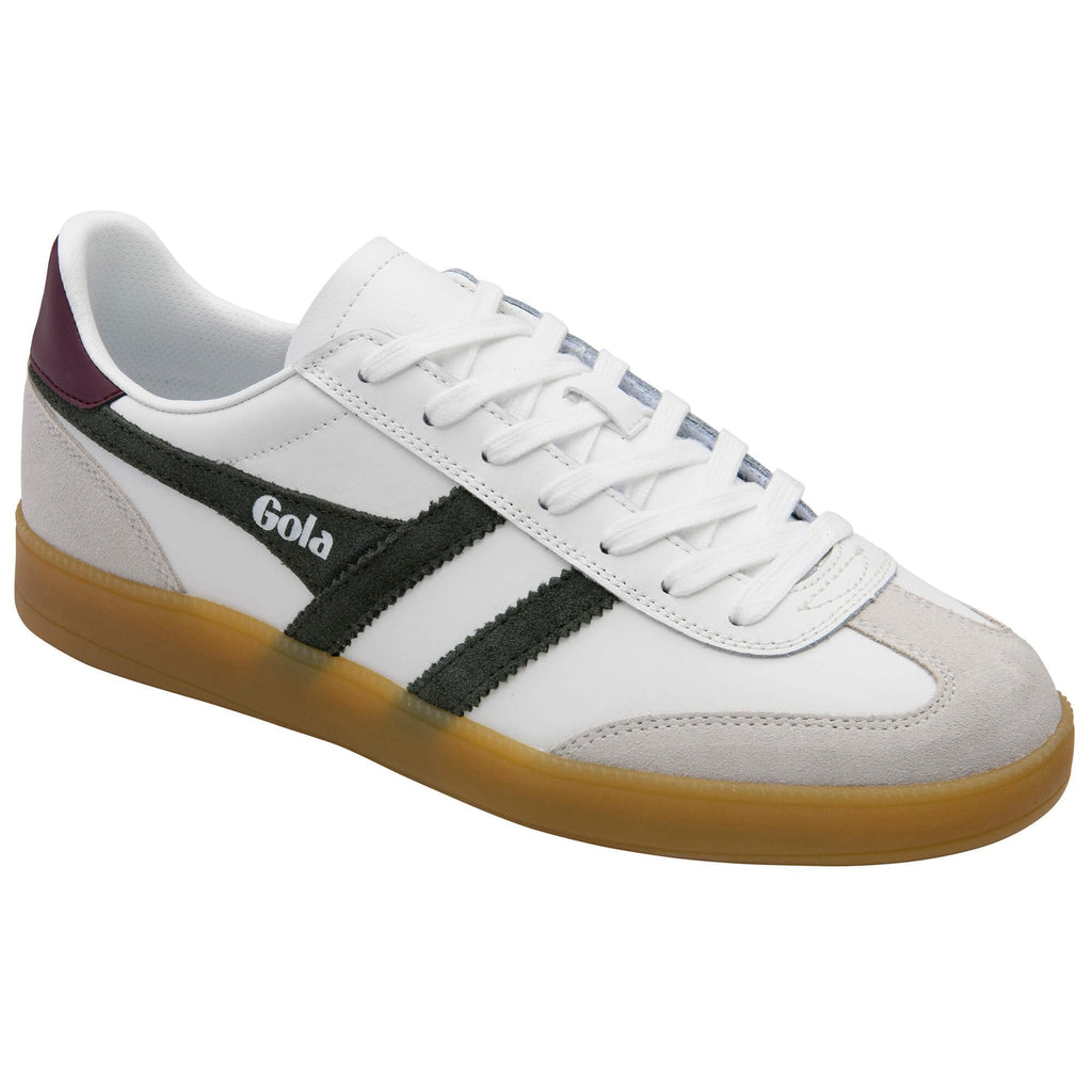 White trainer with green stripes and brown sole on a white background