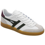 White trainer with green stripes and brown sole on a white background