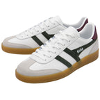 Pair of white Gola sneakers with dark green stripes, light grey suede toe and side panels, and gum soles