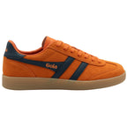 Orange trainer with navy accents on a white background