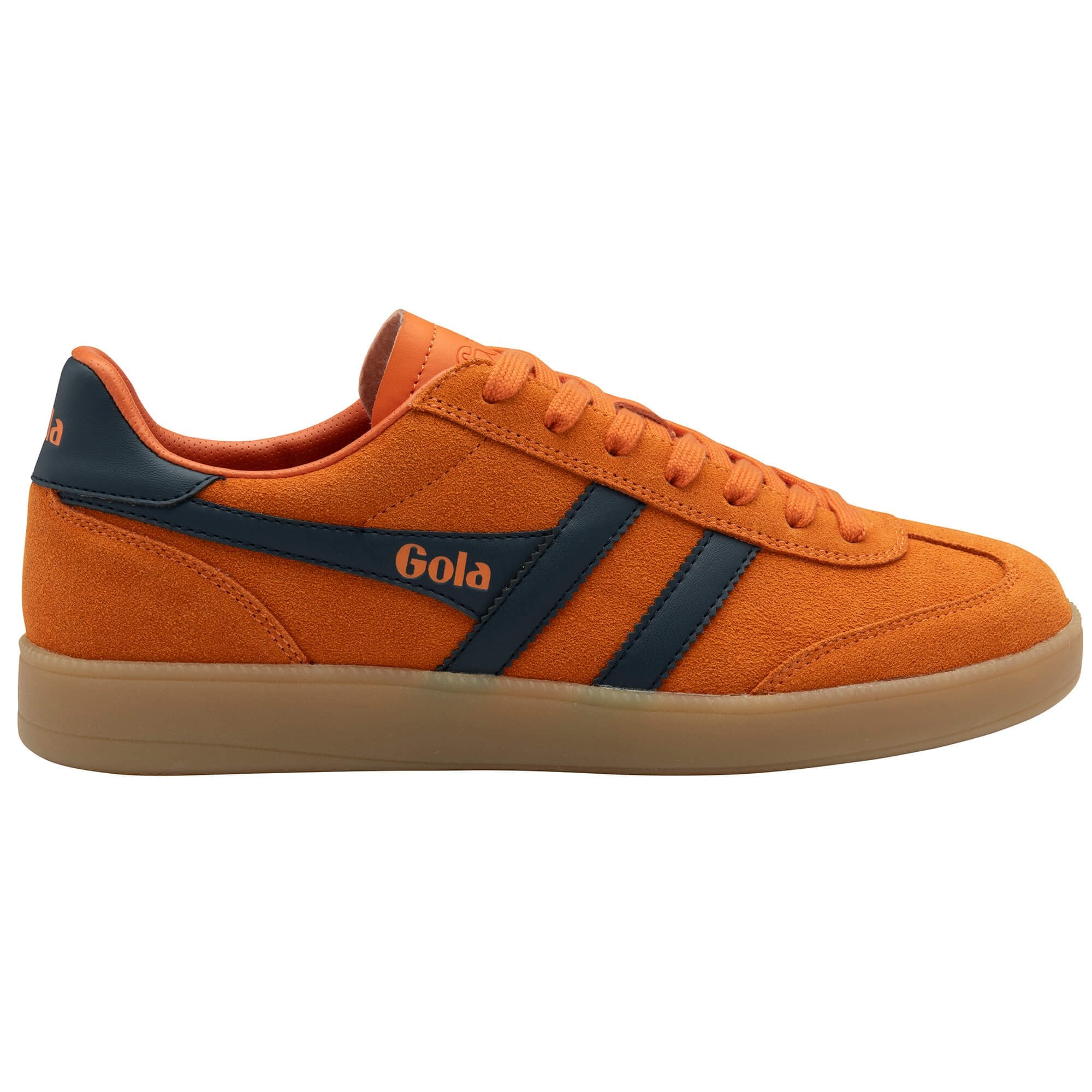 Orange trainer with navy accents on a white background