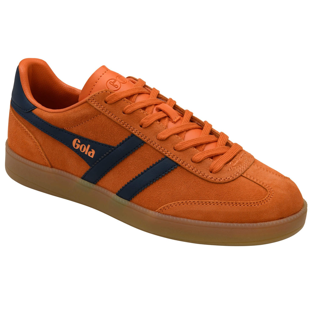 Gola men's trainer in orange suede with navy blue stripes and a gum sole