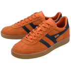 Orange trainers with navy stripes on a white background