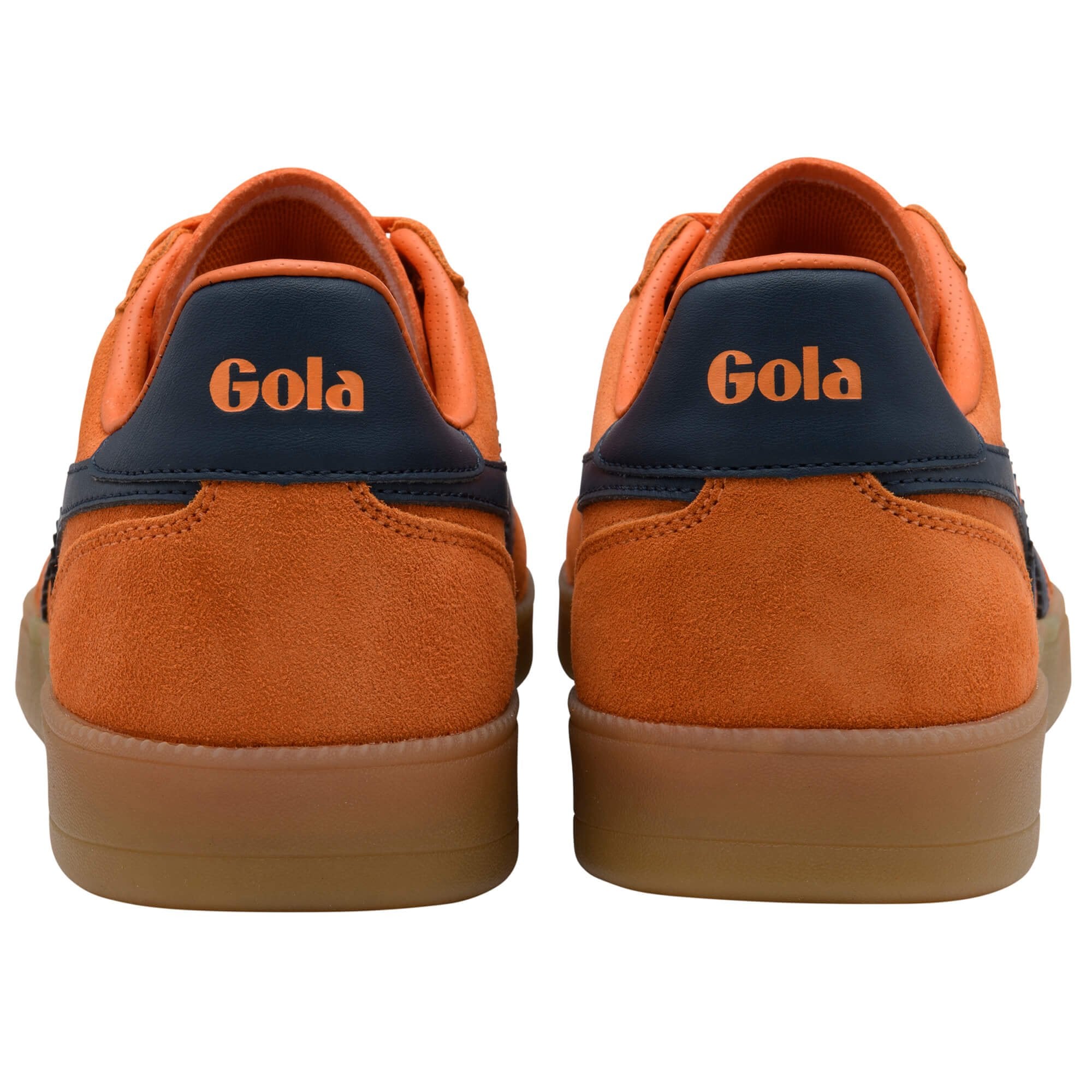 Orange Gola trainers with navy accents on a white background