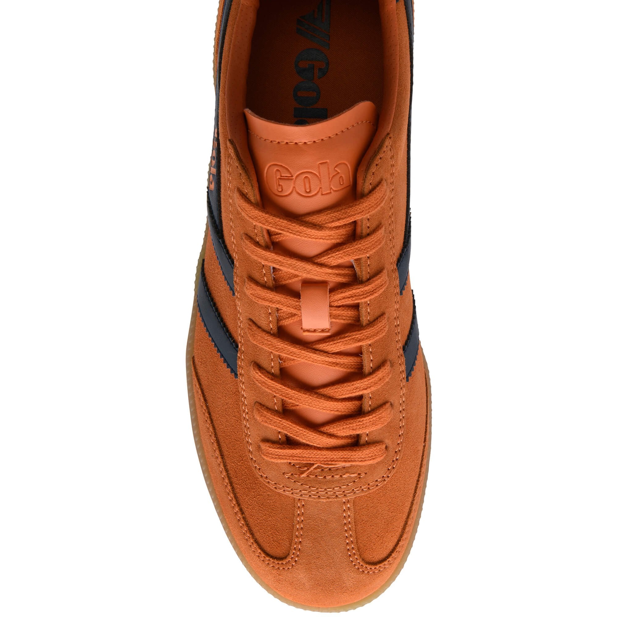 Orange trainer with a blue stripe on a white background