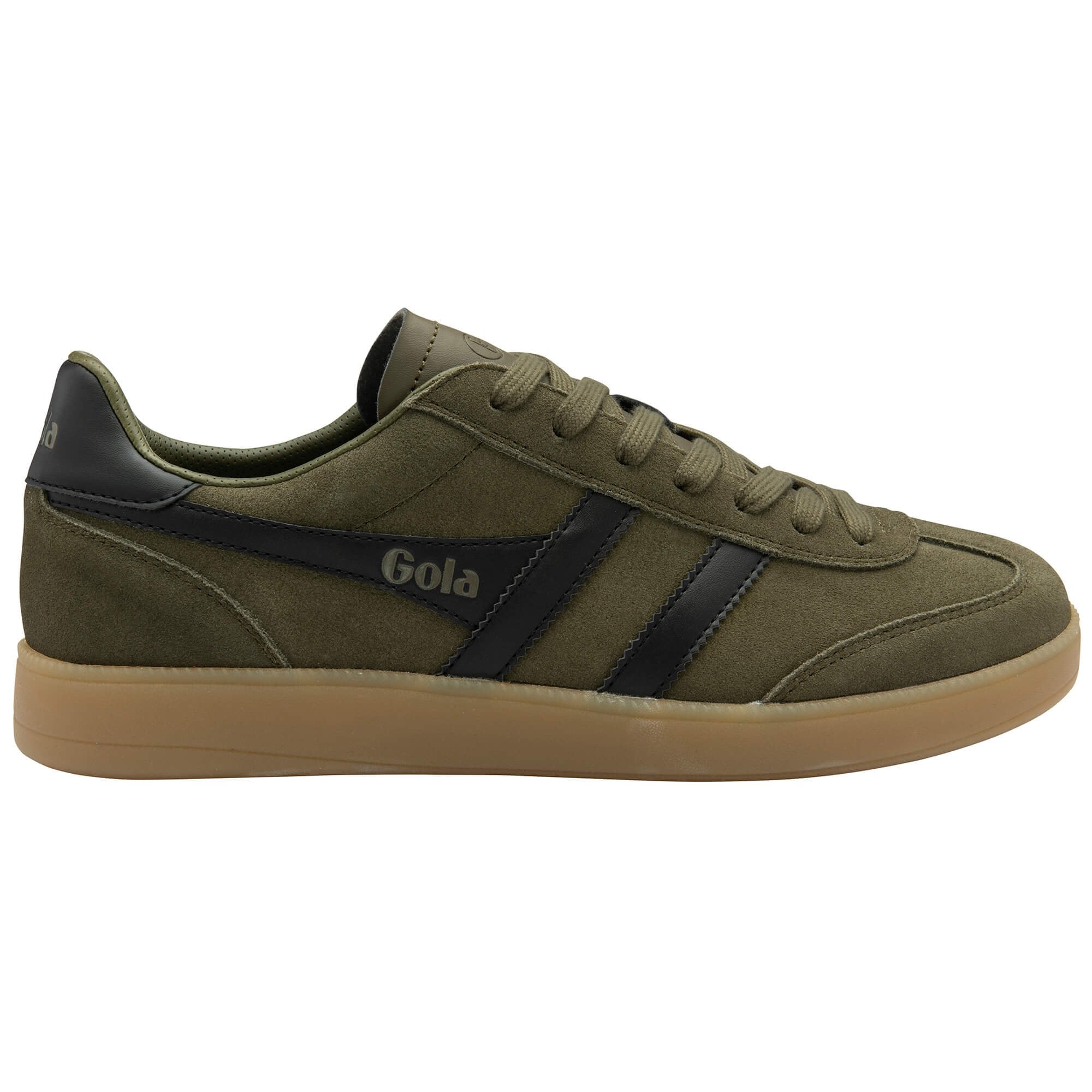 Green trainer with black accents on a white background