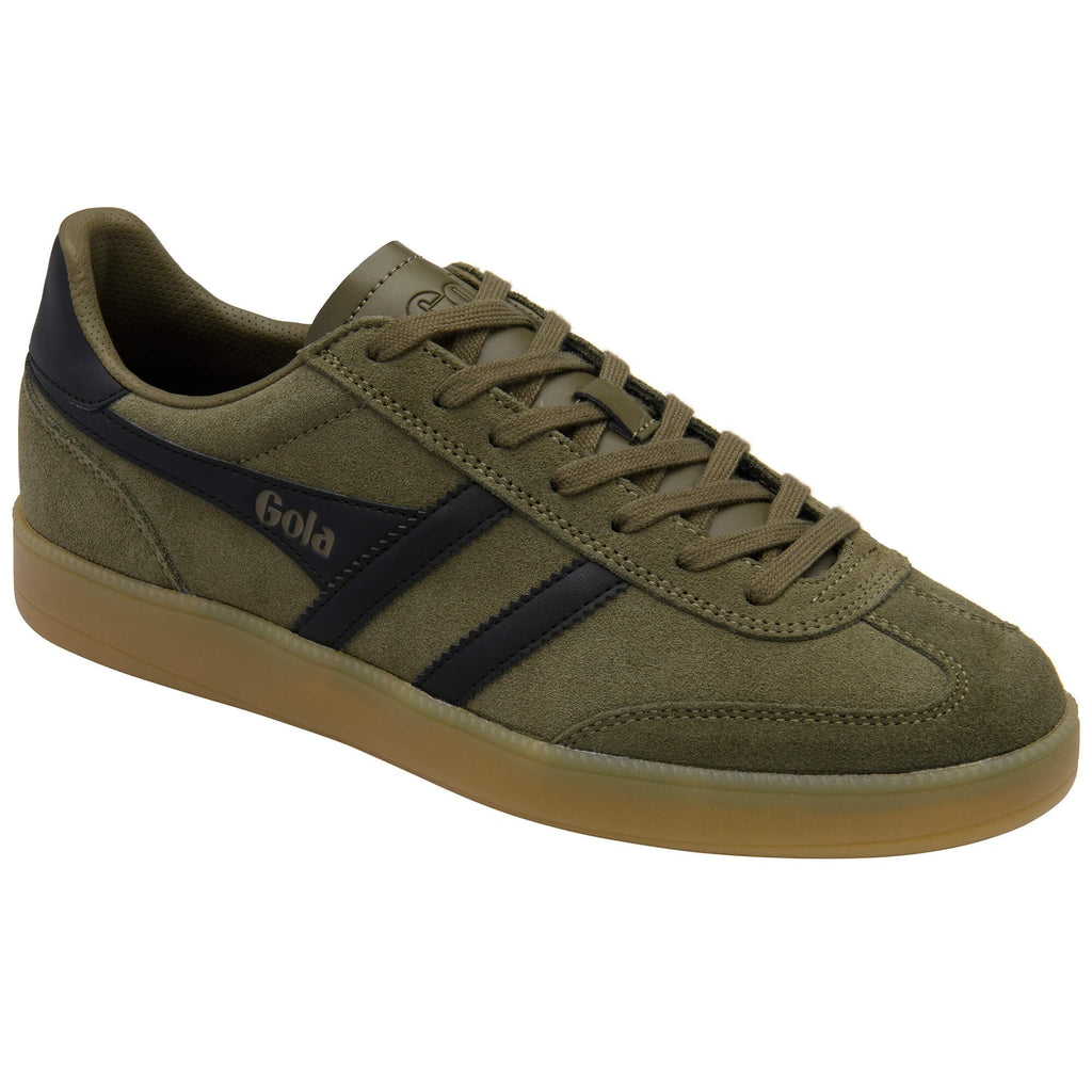 Gola men's Harrier suede trainers in olive green with black stripes and a gum sole