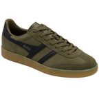 Gola men's Harrier suede trainers in olive green with black stripes and a gum sole