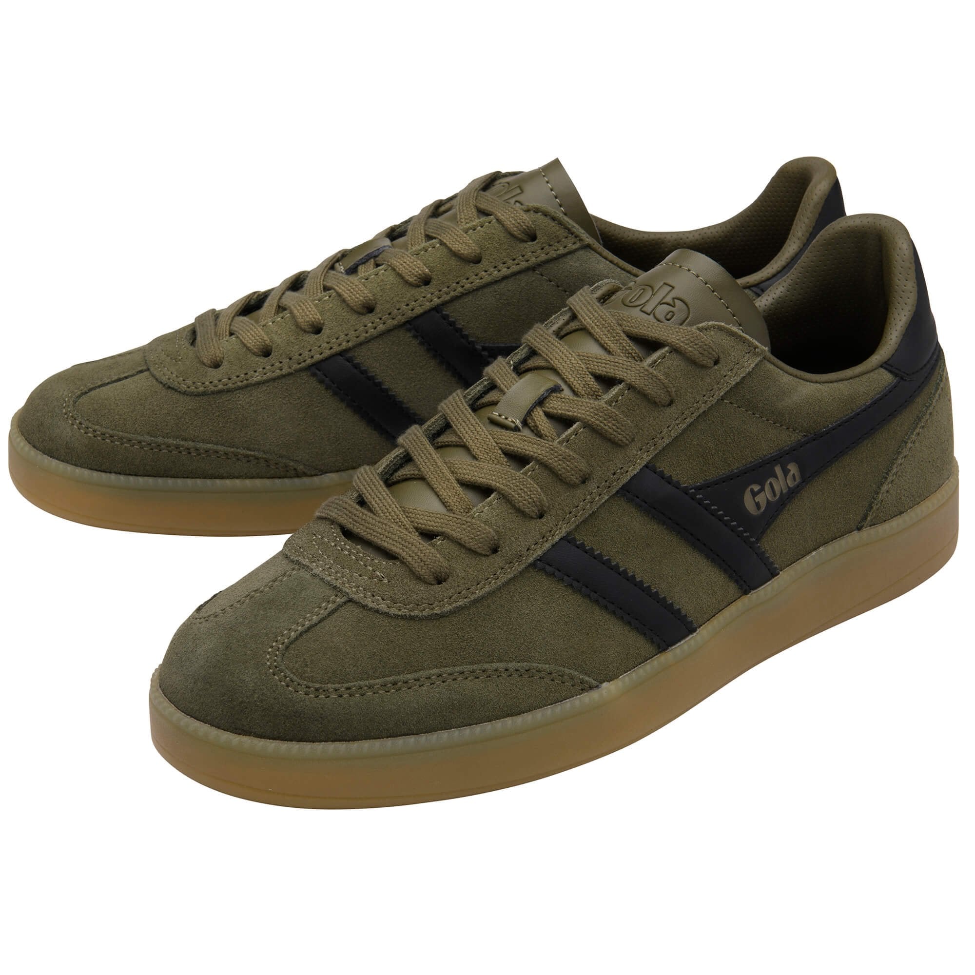 Pair of green trainers with black stripes on a white background