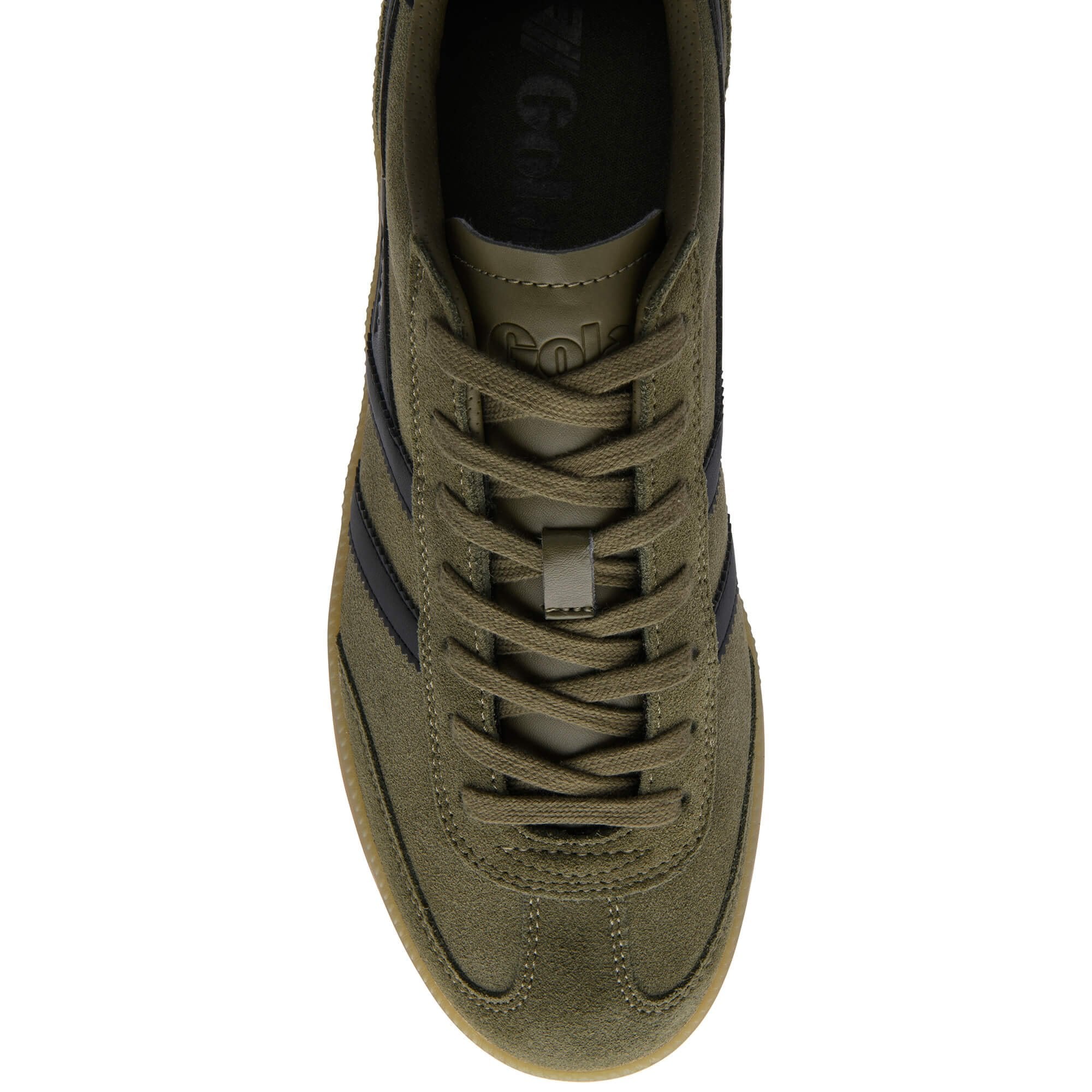 Green trainer with a blue stripe on a white background