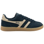Navy blue Gola trainer with beige stripes and sole on a white background