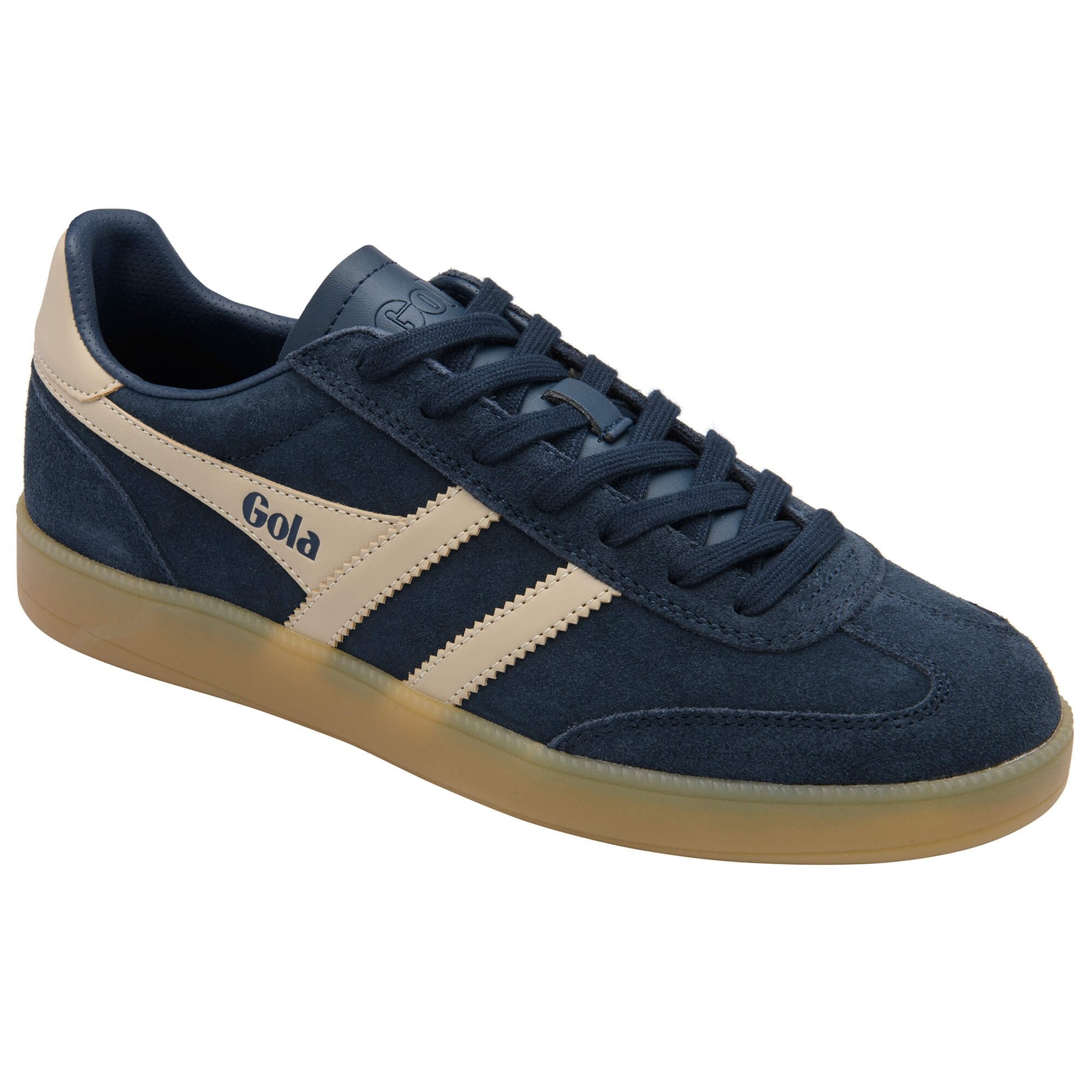 Navy Gola low top trainer with beige stripes and gum sole
