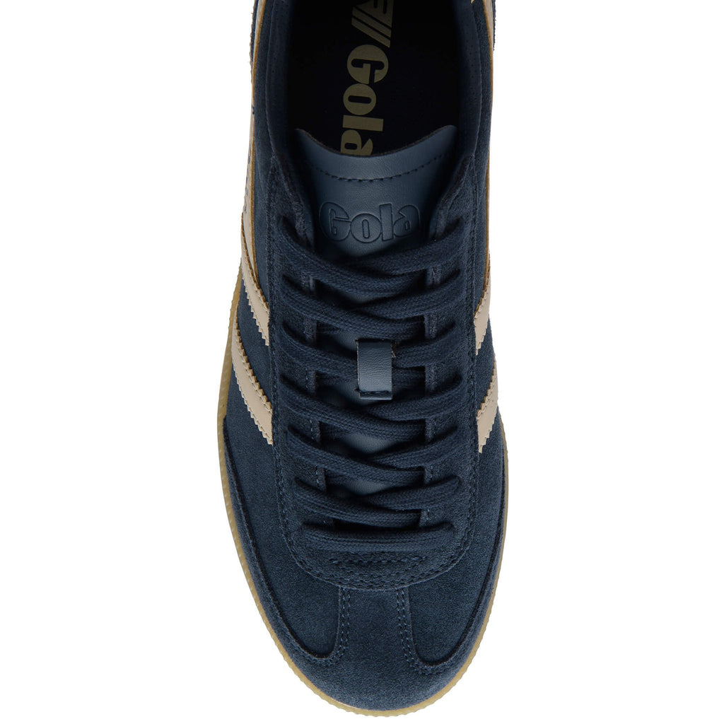 Navy blue Gola Harrier suede trainer with beige stripes and gum sole
