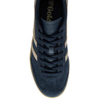 Navy blue Gola Harrier suede trainer with beige stripes and gum sole