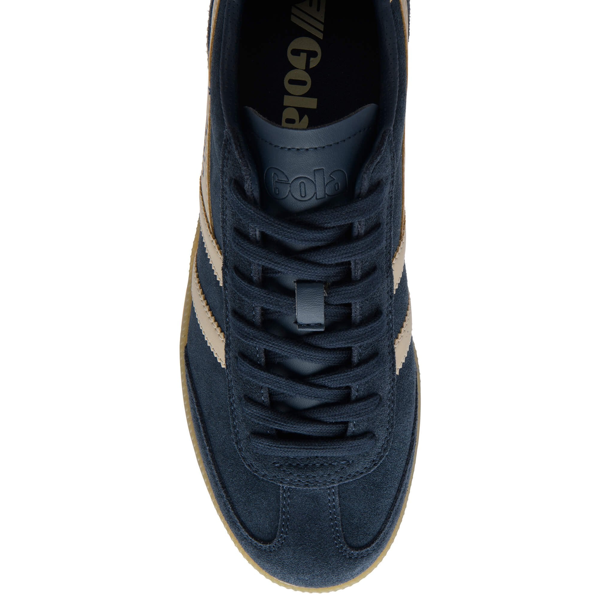 Navy blue Gola Harrier suede trainer with beige stripes and gum sole