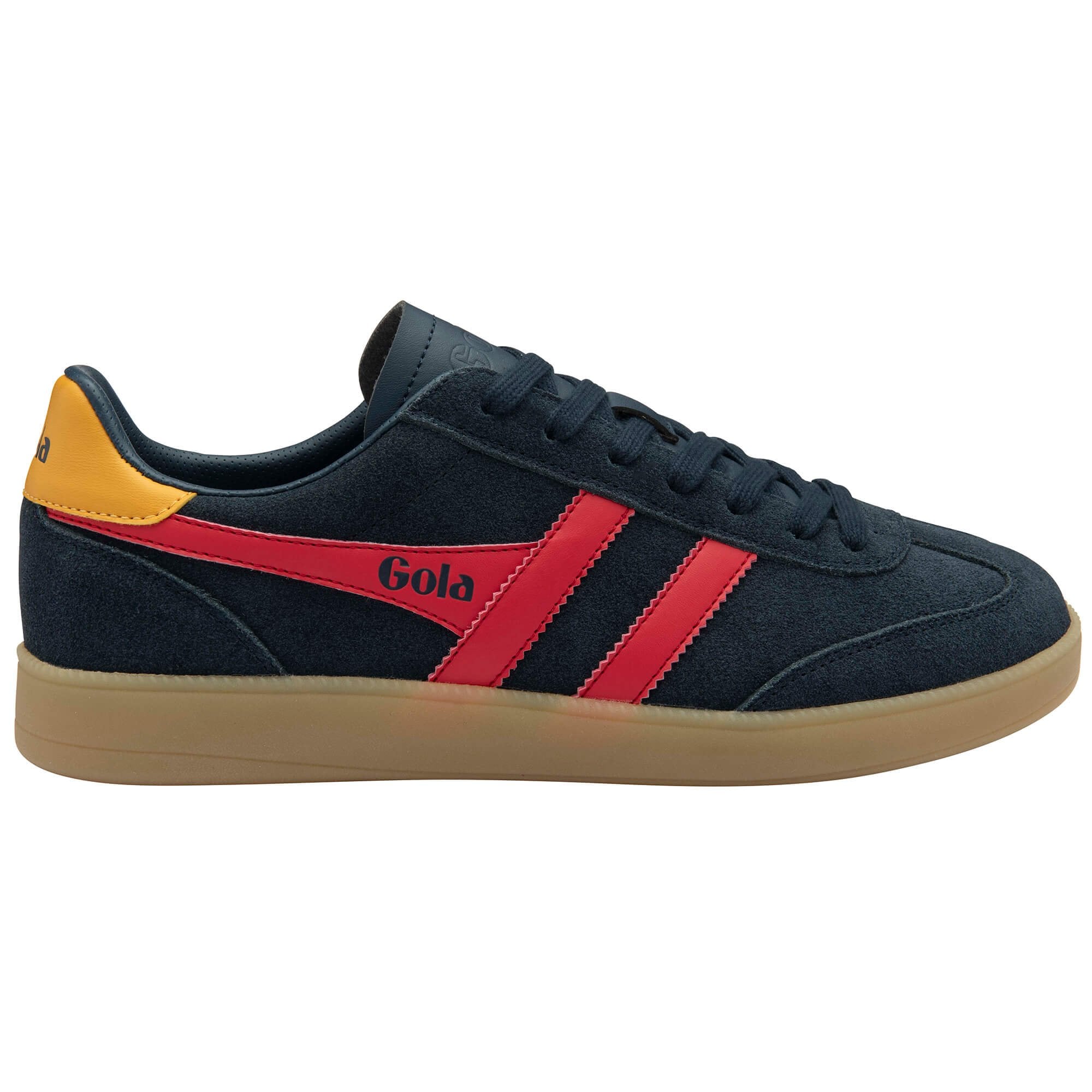 Navy blue trainer with red stripes and yellow accents on a white background